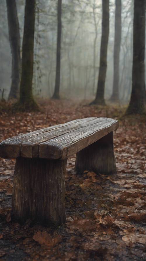 A solitary wooden bench in a foggy forest, wet from the morning dew.