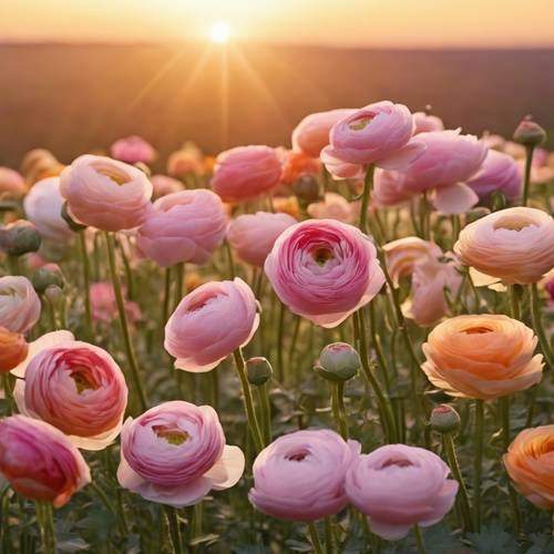 一群花毛茛花在不同的開花階段，映襯著美麗的日落。