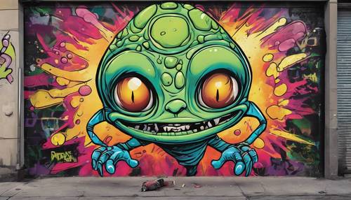 Street art représentant un extraterrestre de dessin animé avec un large sourire, tenant une bombe de graffiti.