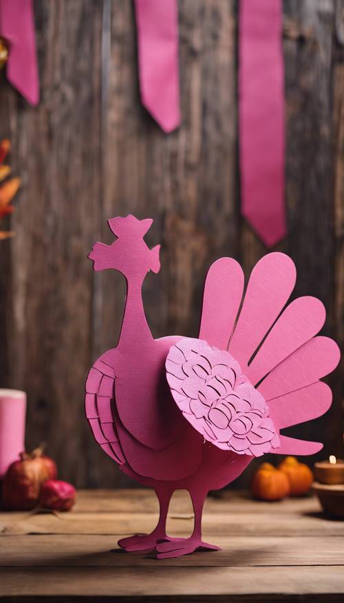 A pink wooden silhouette of a turkey against a rustic backdrop for a Thanksgiving decoration.