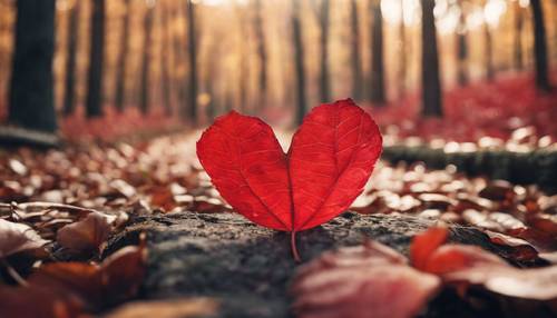 Herzförmiges rotes Blatt allein auf einem Waldweg an einem Herbstnachmittag.