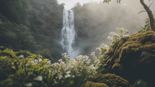 Air terjun abadi yang mengalir menuruni gunung yang megah, dengan kata-kata &#39;Harmoni membuat hal-hal kecil tumbuh&#39; tertulis halus dalam kabut.