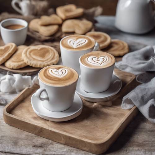 Un gros plan de deux tasses de cappuccino conçues pour ressembler à des cœurs dessinés à la craie dans la mousse de lait, servies sur un plateau en bois avec des biscuits sablés.