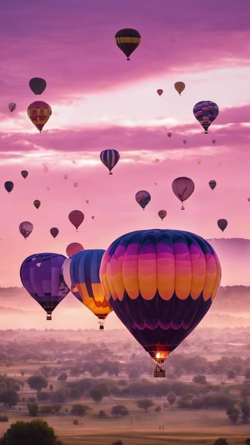 Hot air balloon festival at sunset with bright, patterned balloons dotting the pink and purple sky.