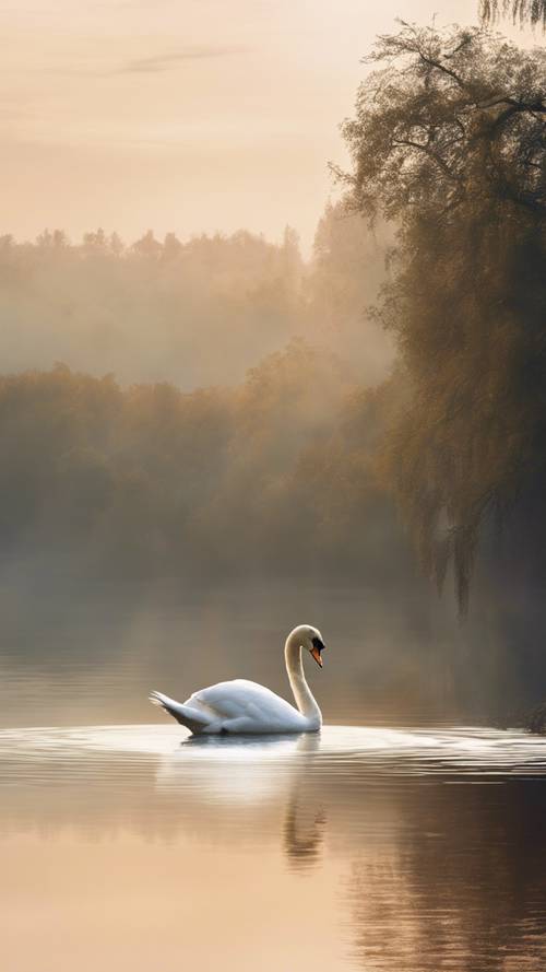 A graceful white swan gliding on a serene lake at dawn with mist rising.