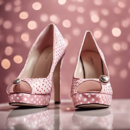 高級感のあるブティックで展示されているピンクと白の水玉模様のハイヒール靴