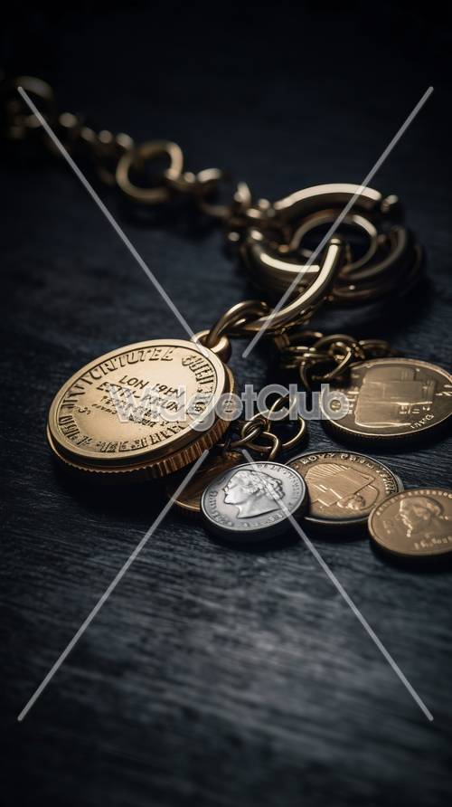 Vintage Münzen und Schlüsselanhänger auf dunklem Holz