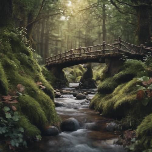 Persimpangan hutan yang mempesona, dengan jembatan troll di atas sungai yang mengalir deras.