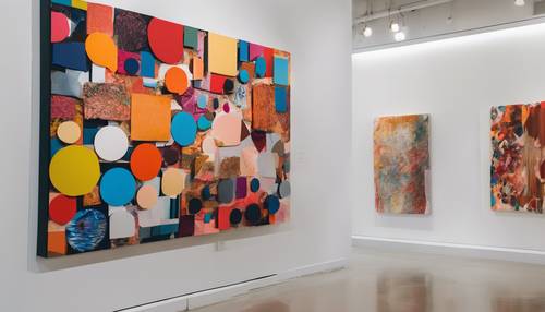 Une œuvre d&#39;art moderne présentant des formes abstraites et une palette de couleurs vives sur un mur blanc dans une galerie.