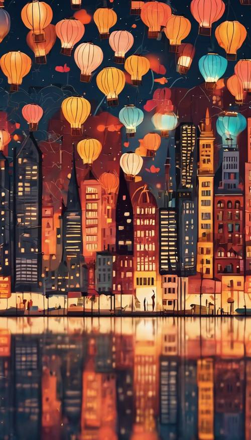 Mural of a colorful cityscape at the break of day with lanterns floating in the sky. Ფონი [7917a705ef2f42f5b17a]