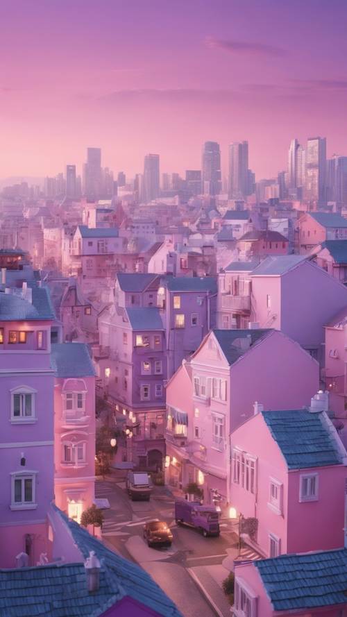 Un paesaggio urbano al tramonto dai toni pastello del viola, costellato di affascinanti edifici in stile kawaii.