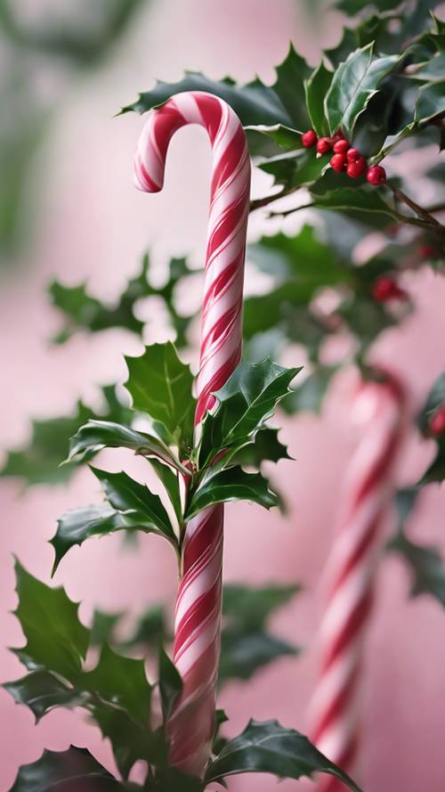 A charming pink candy cane nestled in a verdant sprig of holly.