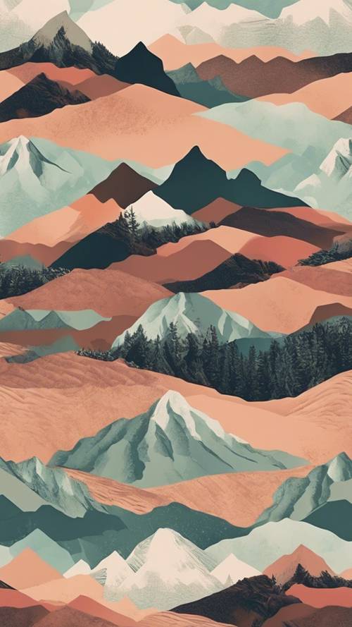 Seamlessly illustrated repeating pattern of geometric mountain landscapes.
