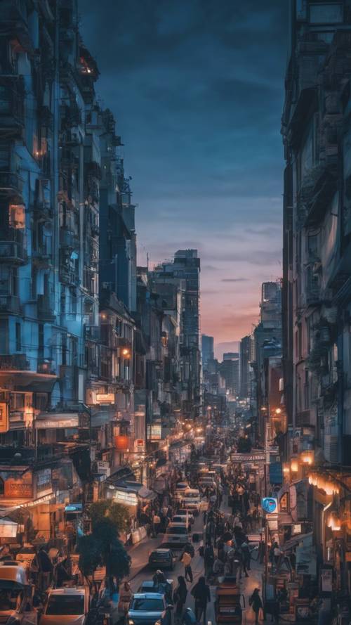 منظر المدينة الصاخب خلال الساعة السحرية، مع التركيز على ظلال الشفق الزرقاء.