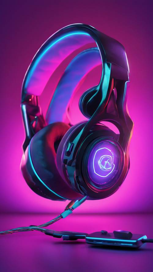 Um par de fones de ouvido para jogos de alta qualidade iluminados por um suave brilho roxo neon.