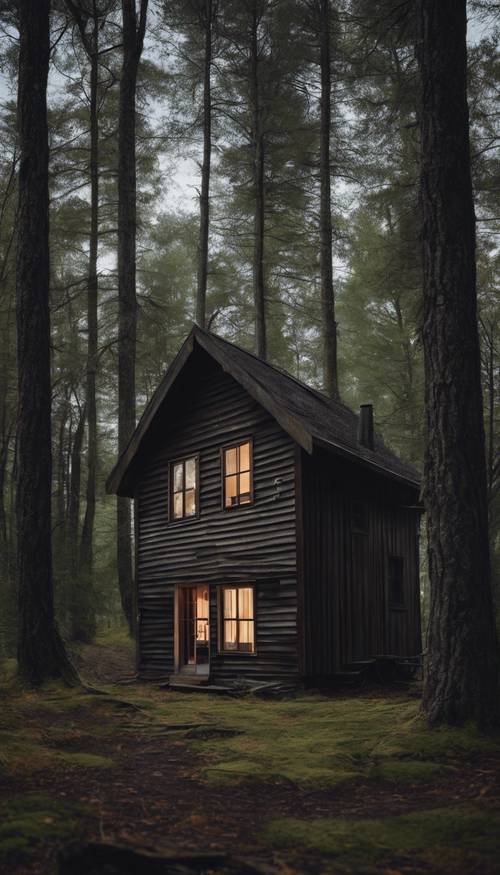 Eine einsame Hütte hebt sich schroff vom dichten, dunklen Wald ab, und die einzige Lichtquelle ist ihr einsames Fenster.