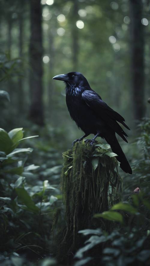 A lone raven perched on a black lily in the midst of a dark enchanted forest.