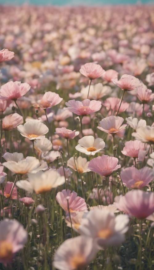 Un campo rigoglioso pieno di grandi e morbidi petali a scacchi color pastello che fluttuano nella brezza.