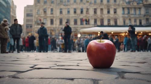 Ein übertrieben großer Apfel liegt auf einem belebten Stadtplatz, umgeben von neugierigen Zuschauern.