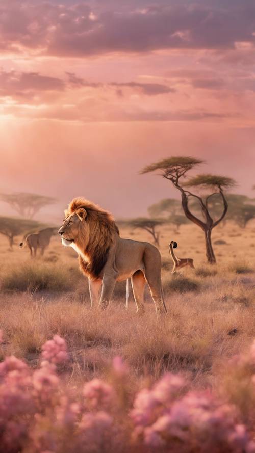 Hakuna Matata" in frosted rose gold letters against a colorful Lion King inspired African Savannah. Wallpaper [d19e57d4dbd84671a4ac]