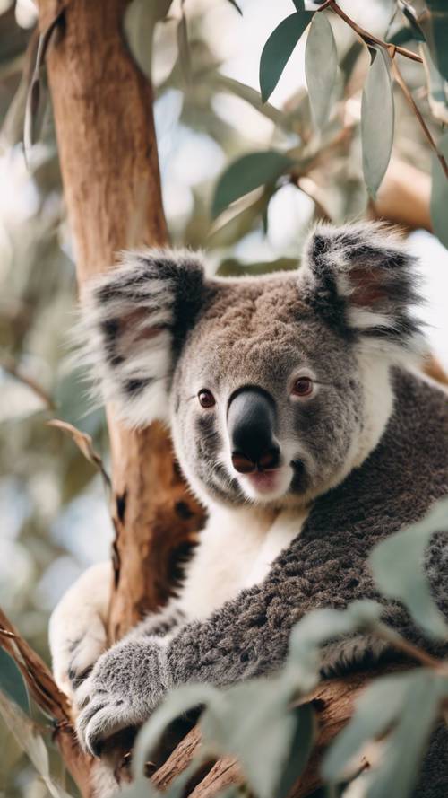 A koala lounging lazily in an eucalyptus tree during a sunny day.