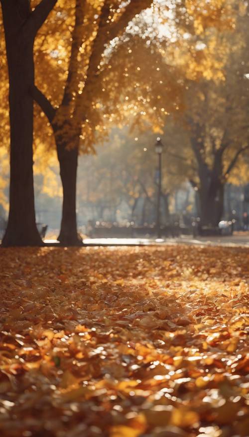 Una scena serena di prima mattina del giorno del Ringraziamento in un parco con foglie color ruggine e oro che cadono.