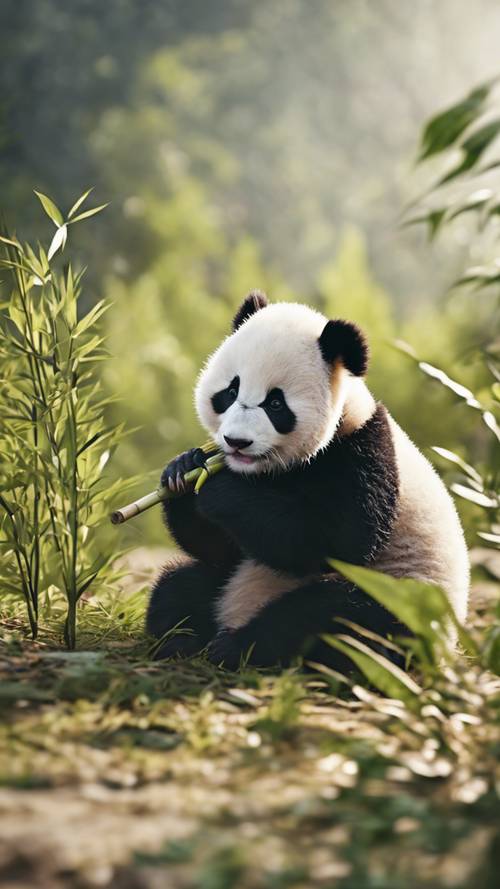 A baby panda munching on bamboo, in an appealing minimalist style. Tapeta [a042f55eae084fb7a977]