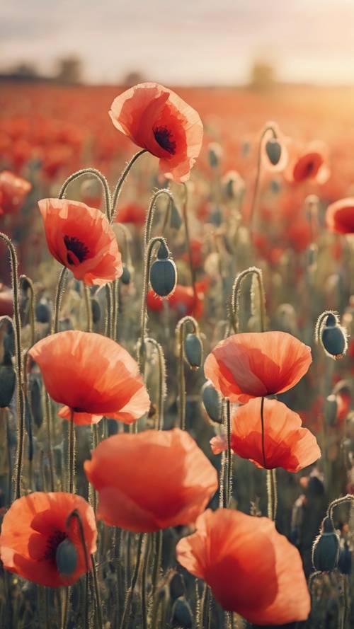A watercolor artistic impression of a vibrant poppy field during sundown.