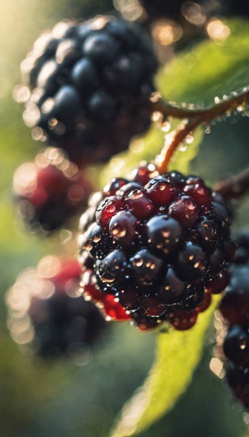 A close-up image of a ripe blackberry, dewdrops glittering on its surface.