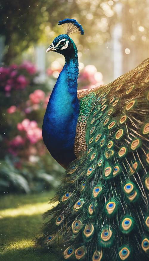 Um majestoso pavão exibindo sua plumagem vibrante e iridescente em um jardim real.