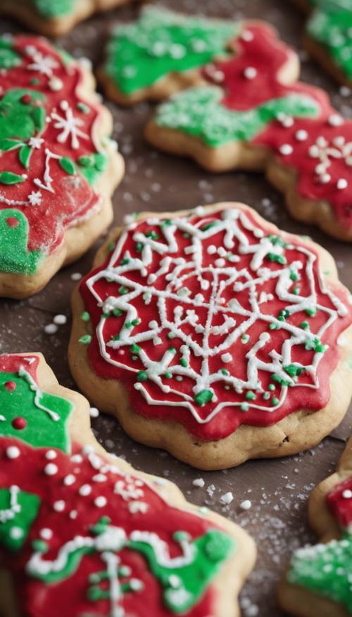 Uma visão de perto de um biscoito de Natal vibrante, vermelho e verde.