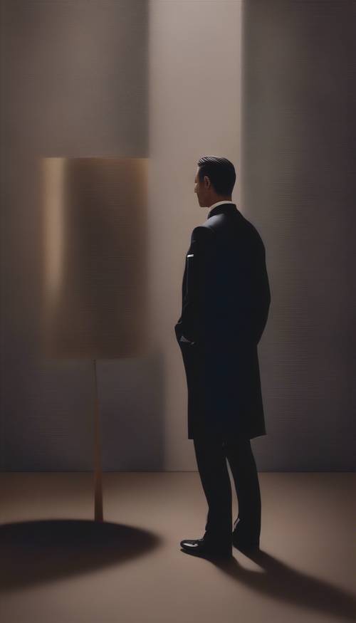 Một quý ông ăn mặc lịch sự trong bộ tuxedo được thiết kế riêng, đứng giữa một phòng trưng bày trang trí công phu, chiêm ngưỡng một bộ sưu tập nghệ thuật tráng lệ
