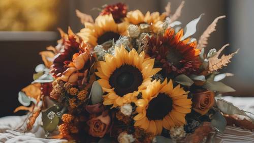 A gorgeous September bridal bouquet with sunflowers, roses, and fall leaves