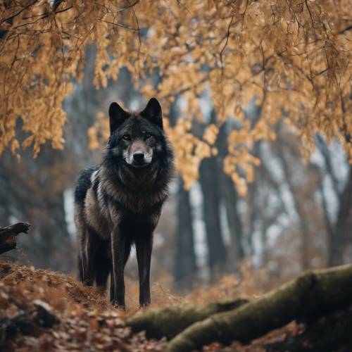 Um velho lobo sábio com pêlo extremamente escuro, solitário sob as árvores antigas.
