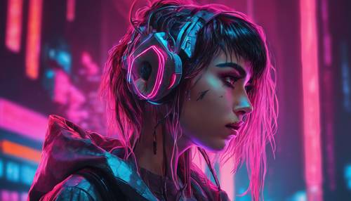 Uma garota cyberpunk com olhos vermelhos de neon olhando atentamente para uma tela holográfica flutuante.