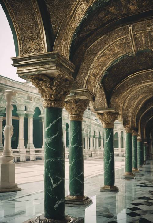 왕궁의 지붕을 지탱하는 빈티지한 짙은 녹색 대리석 기둥입니다.