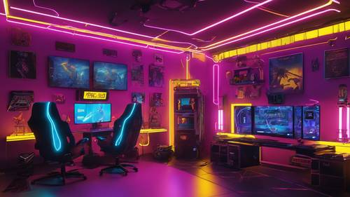 Sala de jogos com tema imperial, parede azul e luzes neon amarelas, consoles de jogos, PC para jogos e acessórios de realidade virtual.