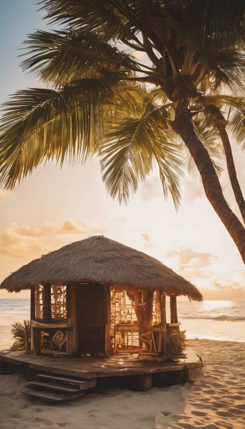 Тропическая пляжная хижина в богемном стиле, сделанная из экологически чистых материалов в золотой час.