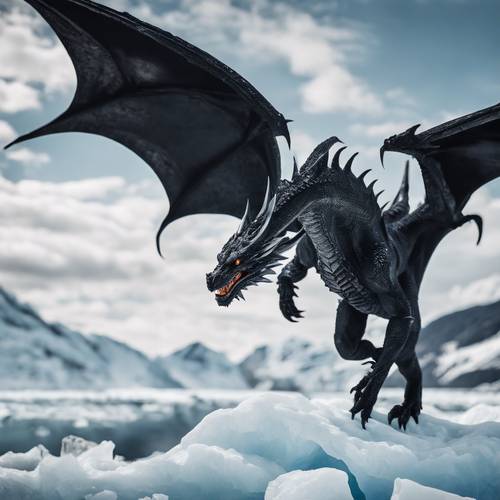 A black dragon with stunning white eyes flying high above an icy white glacier.
