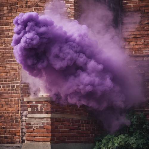 Thick purple smoke curling up against a brick wall in an alley