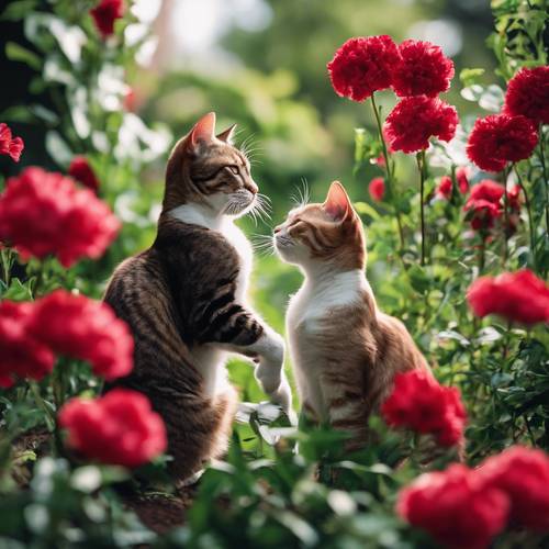 Dois gatos interagindo de forma divertida em um cenário floral com folhas verdes vibrantes e cravos vermelhos.