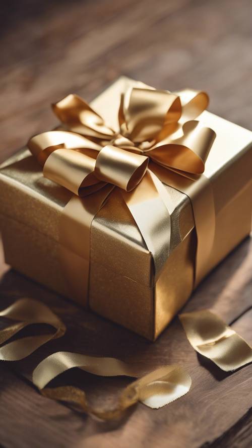 A birthday gift box wrapped with a shiny gold ribbon and a card attached, sitting on a wooden table.