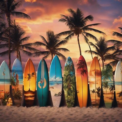 Um mural apresentando uma praia tropical havaiana com pranchas de surf e tochas tiki ao entardecer.