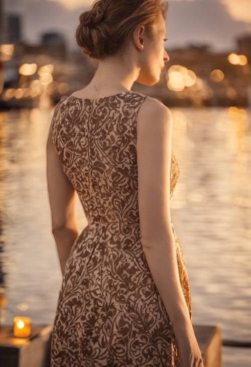 在日落的雞尾酒會上，一位女士優雅的連身裙上有溫暖的奶油色和棕色現代錦緞圖案。
