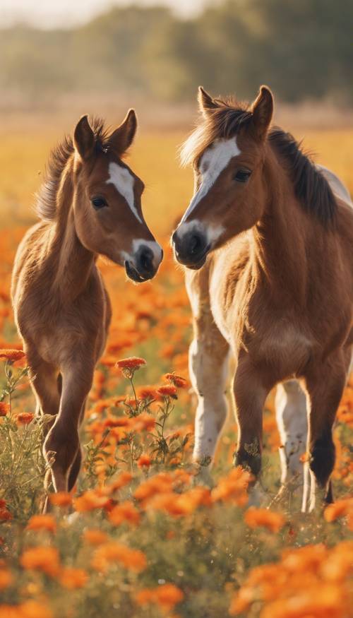 Two playful foals frolicking in an orange, flower-filled field, their splotchy coats glistening under the clear morning sun.