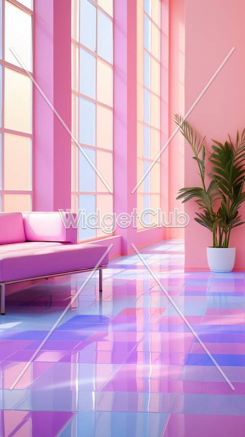 明るいピンクのソファが映えるおしゃれな部屋