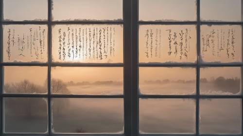 An elegant calligraphy of studying quote etched onto a frosted window, with a foggy sunrise in the background. Tapeet [39f22f16b5ff43aaa60b]