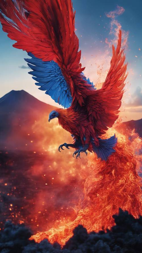 A phoenix in contrasting colours of hot red and cool blue, hovering above an erupting volcano.