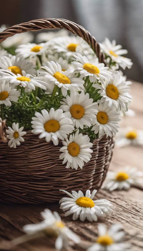 Sekelompok bunga aster putih dalam keranjang anyaman diletakkan di atas meja kayu.