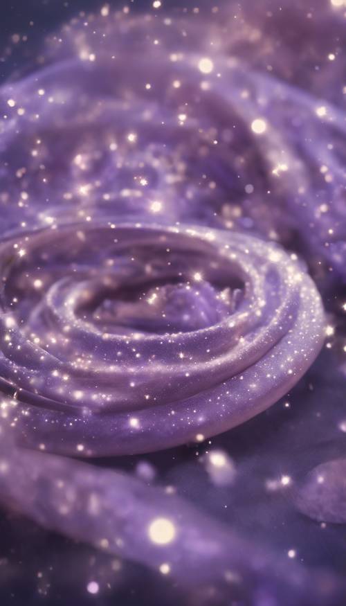 A swirling galaxy of soft lilac tones, with twinkling stars scattered across the dusky backdrop.